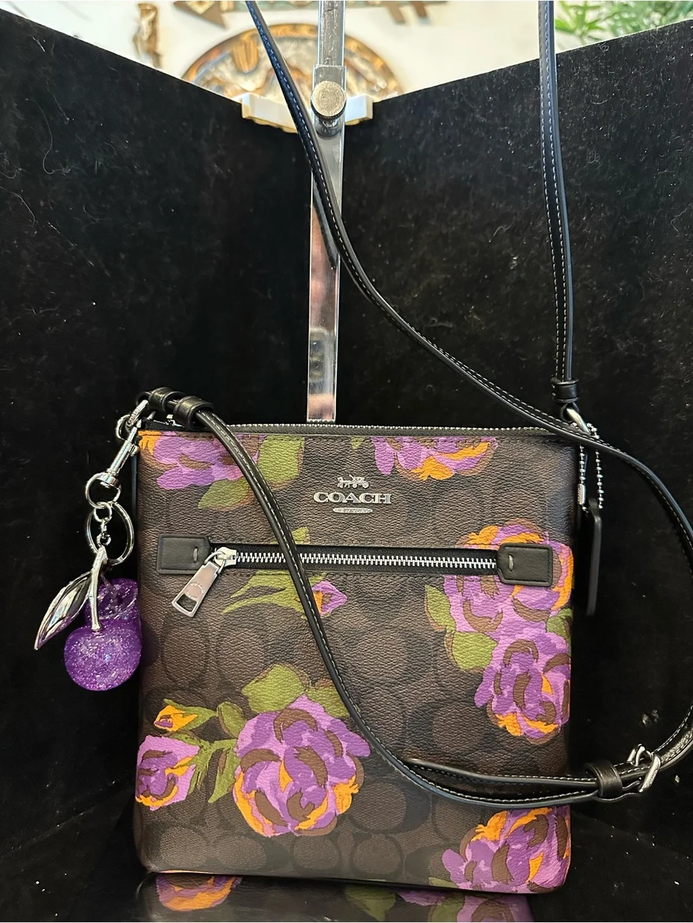 Coach #342 Mini Rowan File Bag in Brown purple flower bag